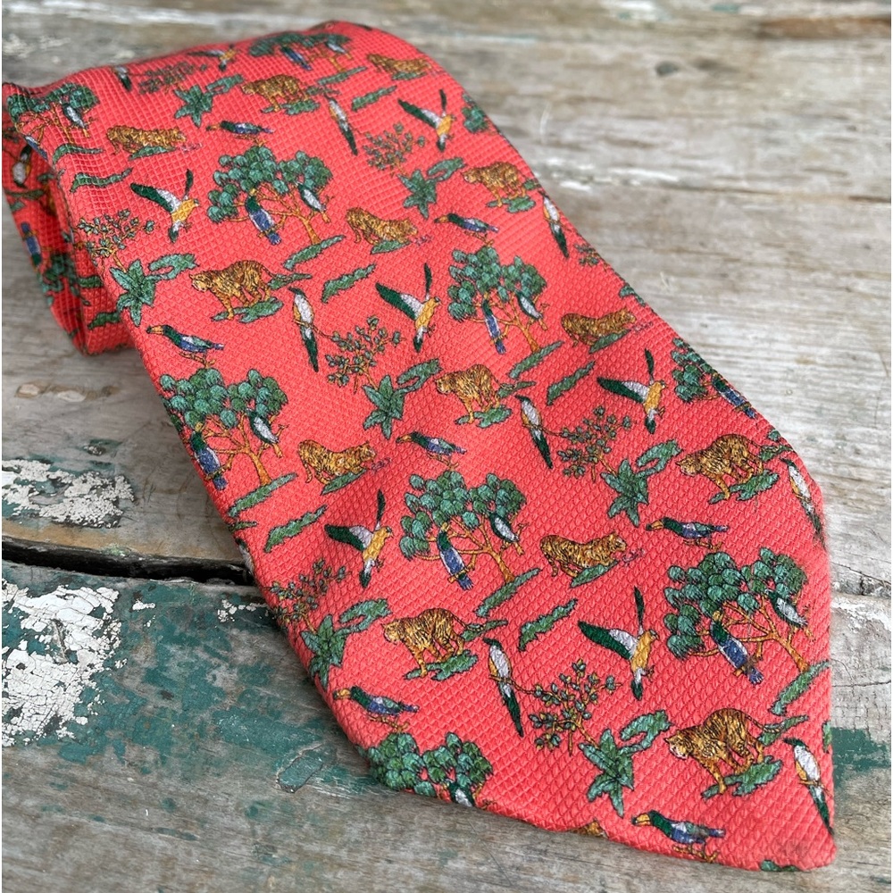 Allea Milano Frank Stella coral silk mens tie birds & tigers Italy